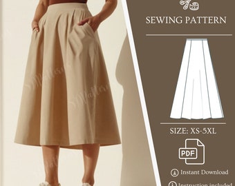 Sewing Skirt Pattern, High Waist A Line Mini Skirt, Zipper Back, Pockets Skirt, PDF Pattern