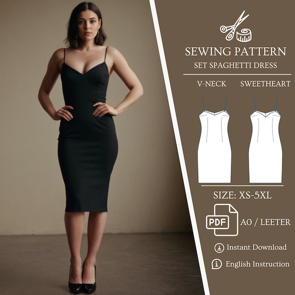 Set 2 Pattern for Spaghetti Pencil Dress, PDF Sewing Pattern, Sweetheart or V-Neck Neckline, Bridesmaid dress, Evening dress, Gift