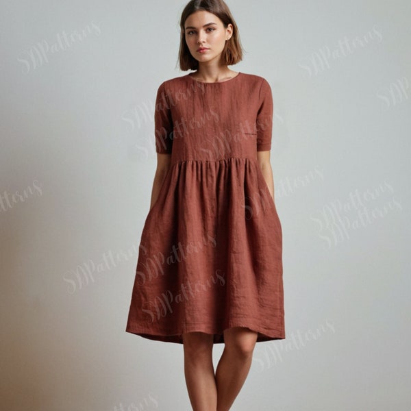 A-Line Loose Dress, Linen Dress, Sewing PDF pattern dress, Hight waist linen dress, do it yourself, tutorial pdf sewing size XS-5XL