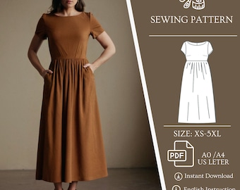 Women sewing PDF pattern, Gathering skirt, smock dress pattern, linen dress, easy sewing dress with pockets, XS to 5XL