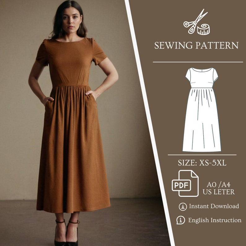 Women sewing PDF pattern, Gathering skirt, smock dress pattern, linen dress, easy sewing dress with pockets, XS to 5XL image 1