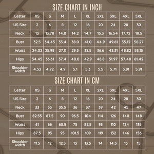 May include: Size chart in inches and centimeters for clothing sizes XS to 5XL. The chart includes measurements for neck, bust, waist, hips, and shoulder width.