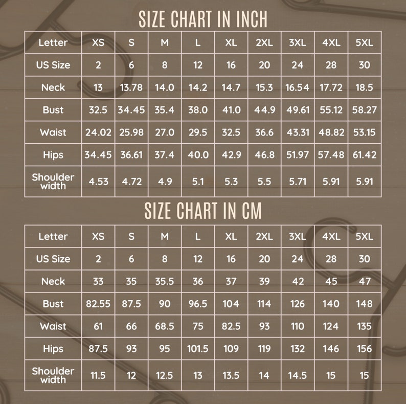 May include: Size chart in inches and centimeters for clothing sizes XS to 5XL. The chart includes measurements for neck, bust, waist, hips, and shoulder width.