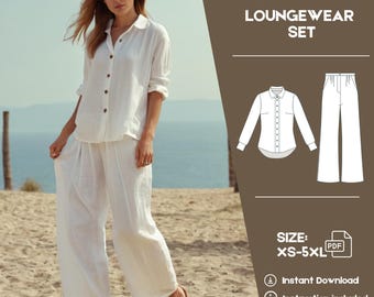 Set Blouse and Pants Sewing Pattern - Summer Muslin Cotton Set Pattern | Women Loose Set Sewing Pattern | Loungewear Pattern