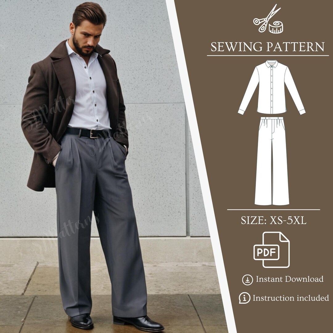 Set Men Sewing Patterns Pants and Shirt, Wide Leg Pants, Palazzo Pants ...
