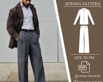 Conjunto de patrones de costura para pantalones y camisas de hombre, pantalones de pierna ancha, pantalones palazzo, pantalones de hombre, pantalones clásicos, pantalones holgados para hombre, patrón PDF