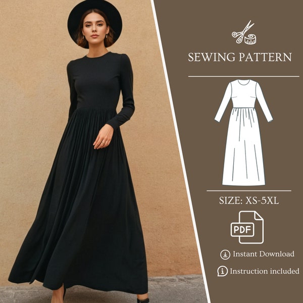Long Sleeve A Line Sewing Pattern Dress Digital PDF Pattern US Sizes 2 to 30 Instant download PDF