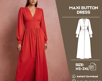 V-Neck Button Maxi Dress Sewing Pattern: Women's XS-3XL (PDF Pattern)