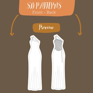 Pode incluir: Um desenho de linha de um padr&atilde;o de vestido, mostrando as vistas frontal e traseira. O vestido tem um decote halter e um corpete ajustado. A saia &eacute; longa e fluida.