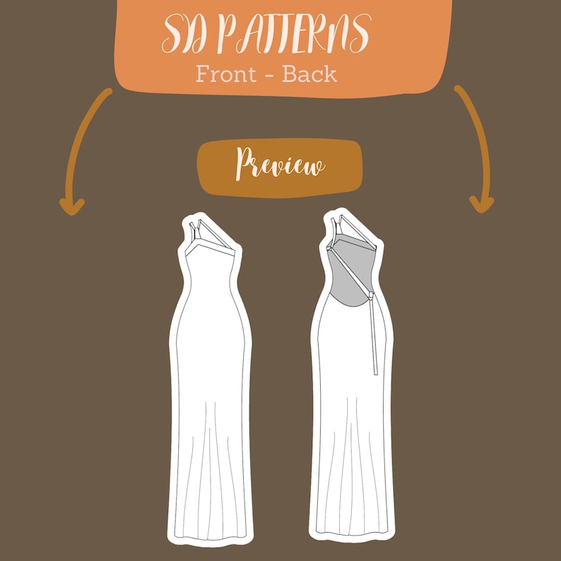 Pode incluir: Um desenho de linha de um padr&atilde;o de vestido, mostrando as vistas frontal e traseira. O vestido tem um decote halter e um corpete ajustado. A saia &eacute; longa e fluida.