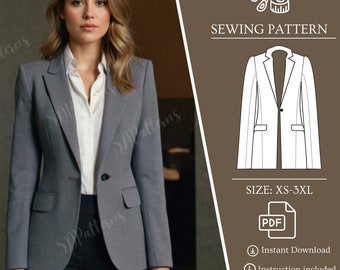 Cartamodello blazer classico, giacca con bottoni, giacca, blazer con tasche, cartamodello donna PDF, download istantaneo modello taglia XS-3XL