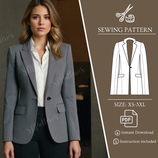 Klassischer Blazer Schnittmuster, Knöpfe Jacke, Jacke, Taschen Blazer, Schnittmuster Frauen PDF, Instant Download XS-3XL Größe Pattern