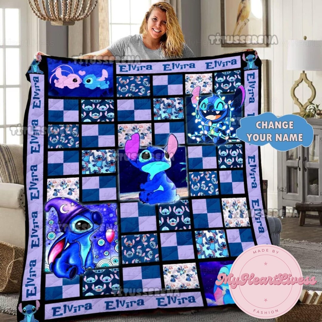 Stitch Ohana Quilt, Stitch Quilt Pattern, Custom Name Stitch Quilt, Cartoon Quilt, Queen Size