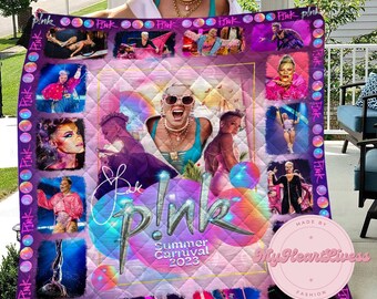 Roze zomercarnavalquilt, roze zangertour, P!Nk zomercarnaval 2023, moderne quilt, muziektour 2023 quilt, muziekquiltpatroon