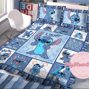 Stitch Quilt Bed Set, Stitch Ohana Bedding Quilt, Stitch Home Decor, Quilt With Pillowcase, Custom Name Quilt, Stitch Disney Bed Set