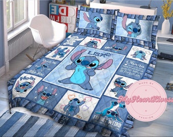 Stitch Quilt Bed Set, Stitch Ohana Bedding Quilt, Stitch Home Decor, Quilt With Pillowcase, Custom Name Quilt, Stitch Disney Bed Set