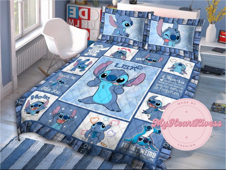 Stitch Quilt Bed Set, Stitch Ohana Bedding Quilt, Stitch Home Decor, Quilt With Pillowcase, Custom Name Quilt, Stitch Disney Bed Set