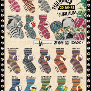 Könnte beinhalten: Eine farbenfrohe Tabelle mit 12 Paar Socken mit verschiedenen Tier- und Naturmotiven. Jede Socke ist mit einem Namen und einer 4- und 6-fädigen Garnstärke gekennzeichnet. Die Tabelle trägt den Titel "Regenwald 20 Jahre Jubiläum" und enthält den Text "Spenden bisher über 300.000 €".