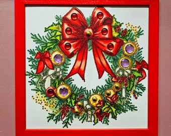 Weihnachtsdeko handmade Diamond Painting Bild mit Weihnachtskranz rot (fertig)