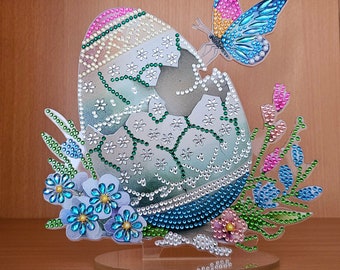 Osterdeko Diamond Painting handmade Ornament aus Acryl, Motiv Oster-Ei (fertig)