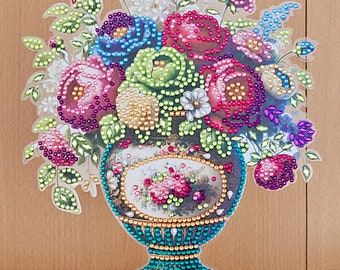 Deko Diamond Painting handmade Ornament aus Acryl, Motiv Blumen in Vase (fertig)