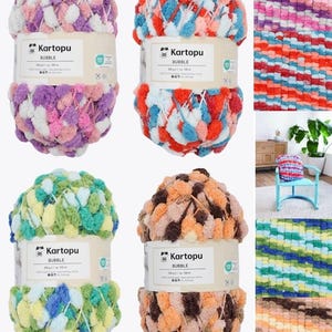 Könnte beinhalten: Vier Knäuel Kartopu Bubble-Garn in verschiedenen Farben. Das Garn ist im Pompon-Stil gehalten, mit Farben wie Rosa, Lila, Blau, Orange, Grün und Braun. Jedes Knäuel hat ein Etikett mit dem Markennamen und Produktdetails. Das Bild zeigt auch Nahaufnahmen der Garntruktur.