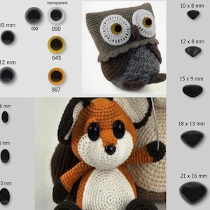 Könnte beinhalten: Sortiment an Sicherheitsaugen aus Kunststoff für Amigurumi und andere Bastelarbeiten. Die Augen sind in verschiedenen Größen von 6 mm bis 21 mm erhältlich und in Schwarz, Braun und Transparent mit schwarzen Pupillen. Das Bild zeigt auch eine gehäkelte Eule und einen Fuchs mit Sicherheitsaugen.