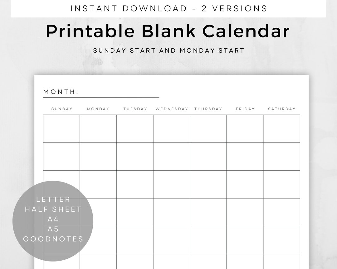 Printable Blank Calendar Page, Monthly Calendar, Sunday Start, Monday ...