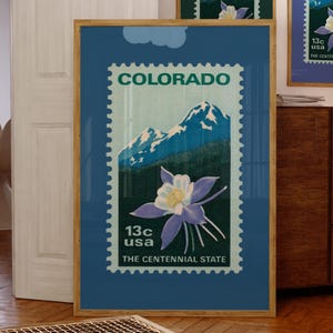 Colorado State Stempel Druck, Rocky Mountains Poster, Akelei Blumen Wandkunst, Berg Wohnkultur, Colorado Reise Poster, digitaler Download