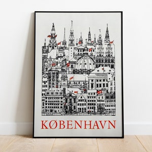 Impresión de dibujo de la ciudad de Copenhague, póster de viaje a Dinamarca, arte urbano en blanco y negro, arte mural danés, decoración nórdica imprimible