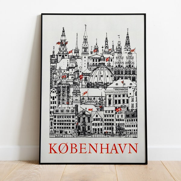 Copenhagen City Drawing Print, Denmark Travel Poster, Black and White City Art, Danish Wall Art, Printable Nordic Decor