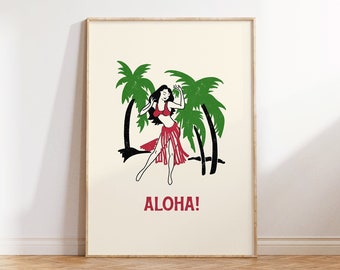 Op de afbeelding: Een vintage-stijl illustratie van een vrouw in een rood-witte hula-rok die danst voor twee palmbomen. De tekst "ALOHA!" is onder de afbeelding gedrukt.