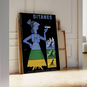Impresión vintage de cigarrillos Gitanes, póster publicitario retro de tabaco, arte de mujer fumando, decoración francesa, regalo para fumadora, arte mural imprimible