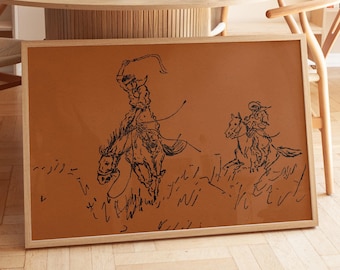 Cowboyskisstryck, Ryttarteckningskonst, Vintage Westernposter, Rustik Orange Hemvägg, Utskrivbar Westerndekor, Cowboyväggkonst