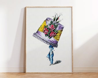 May include: A vintage illustration of a woman wearing a large, purple hat with yellow ribbon and pink roses. The hat is tilted at an angle, and the woman is holding a cane.