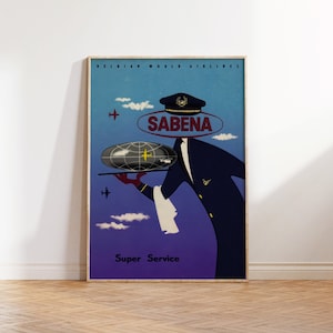 Sabena belgische Fluggesellschaften Druck, Retro Werbeplakat der Fluggesellschaften, Vintage Luftfahrt Kunst-Dekor, Geschenk für Piloten, druckbare Flug Kunst