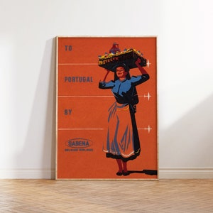 Portugal Reise Poster, Sabena Belgische Fluggesellschaften Werbedruck, Retro Fluglinien Poster, Vintage Luftfahrt Dekor, druckbare Wandkunst