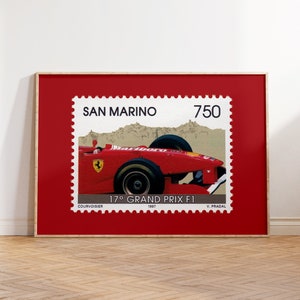 Póster de Ferrari del 17.º Gran Premio de San Marino, 1997, póster de F1, arte de sellos vintage, arte mural imprimible, ilustración de coche, retro