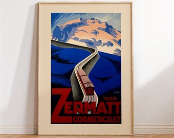 Zermatt Switzerland Poster: Retro Train, Swiss Alps Art (Digital Download)