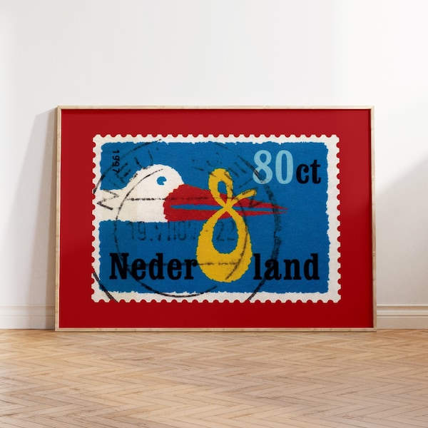 Stork, Dutch Art, Nederland Poster, Postage Stamp Print, Birth Announcement, Dutch Home Decor, Digital Download