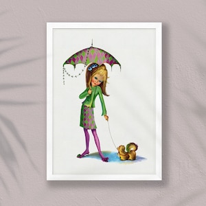 Little Girl With Dog Print, Stylish Girl Room Poster, Dog Nursery Art, Pink Nursery Decor, Printable Teen Girl Wall Art