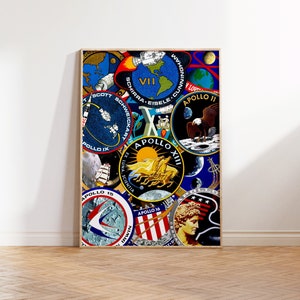 May include: A collage of colourful NASA Apollo mission patches, featuring the names of astronauts and mission details. The patches are arranged in a random pattern, with some overlapping. The patches are on a white background.