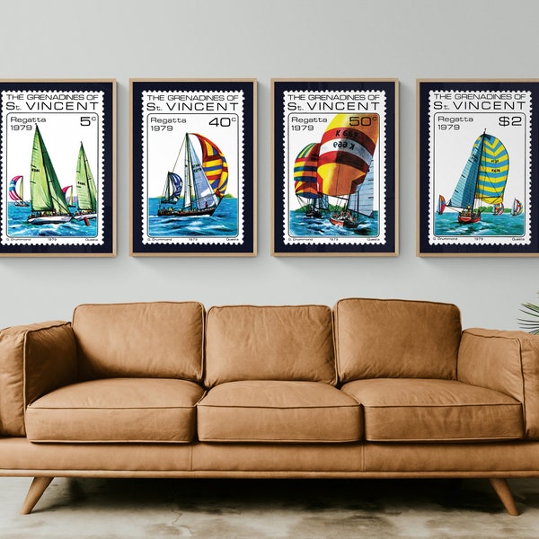 Conjunto de 4 sellos de regata de las Granadinas de San Vicente, impresiones digitales, arte náutico, cartel de sello postal, marina, olas, arte de pared imprimible