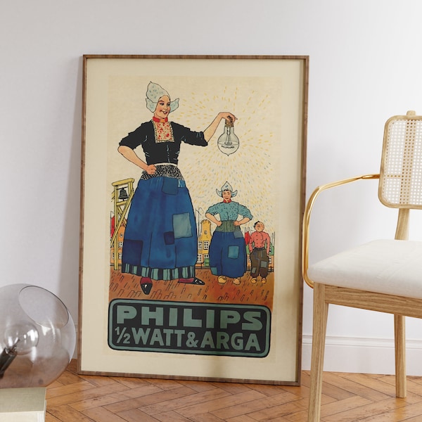 Philips Watt & Arga Electric Bulb Vintage Advertisement Print, Light Bulb Art, Retro Industrial Poster, Industrial Wall Art, Rustic Home