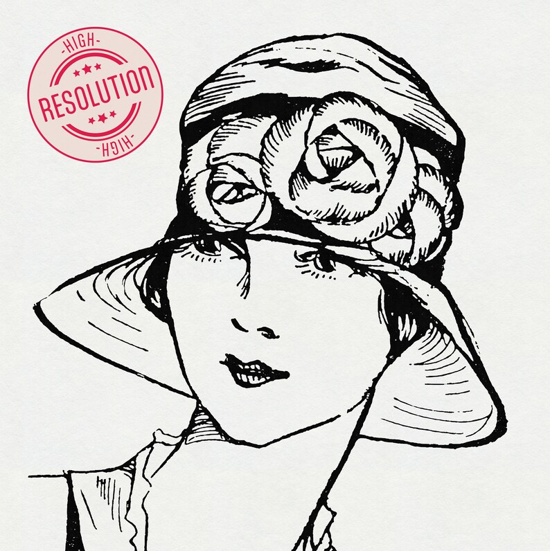 May include: A black and white line drawing of a woman wearing a wide-brimmed hat with a large flower design.