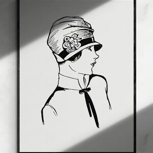 May include: Black and white line drawing of a woman wearing a cloche hat with a floral embellishment. The woman is looking to the right and has short hair. She is wearing a collared shirt with a bow tie.