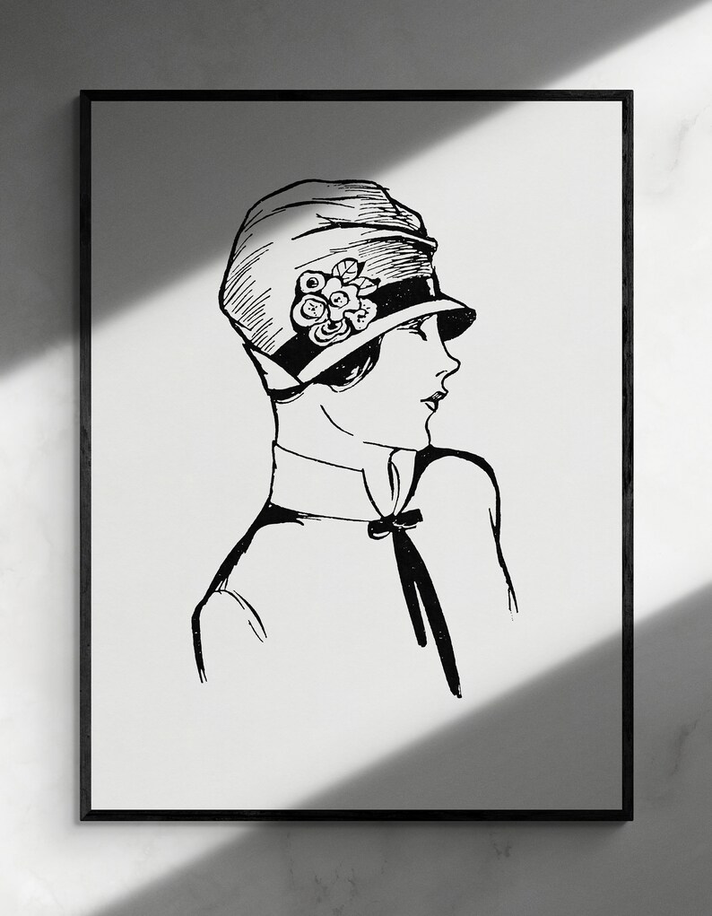 May include: Black and white line drawing of a woman wearing a cloche hat with a floral embellishment. The woman is looking to the right and has short hair. She is wearing a collared shirt with a bow tie.