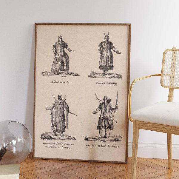 Traditional Siberian Costume Print, Folk Art, Antique Fashion Posrer, Historic Engraving Drawing, Printable Wall Art