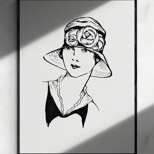 May include: Black and white line drawing of a woman wearing a hat with a flower design. The woman is looking to the side and has a serious expression.