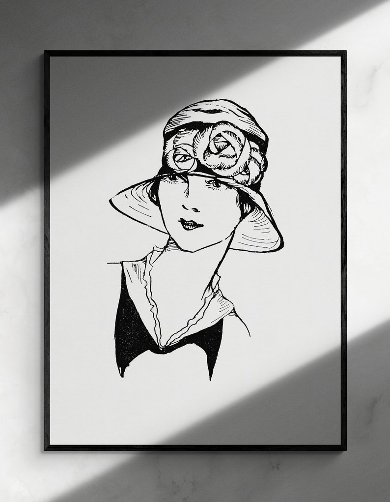 May include: Black and white line drawing of a woman wearing a hat with a flower design. The woman is looking to the side and has a serious expression.